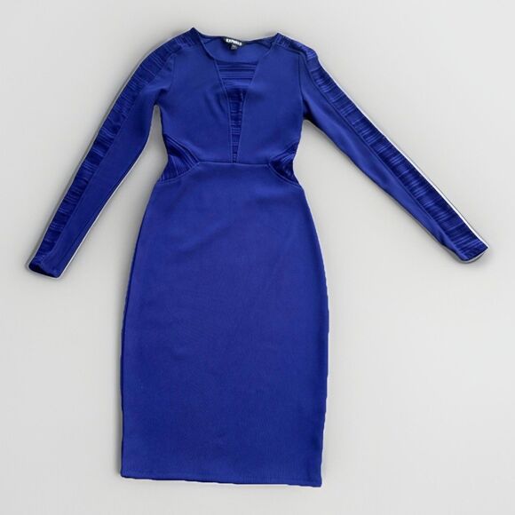 Express Midi Royal Blue Bodycon Body shape W Mesh Cutouts Dress Sz 2 - Picture 11 of 14
